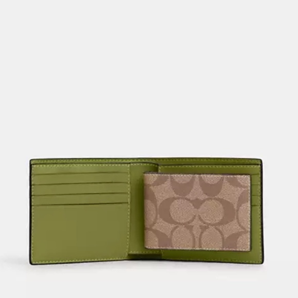 New Coach  3 IN 1 WALLET IN SIGNATURE CANVAS Yellow Green/Khaki - Picture 1 of 2
